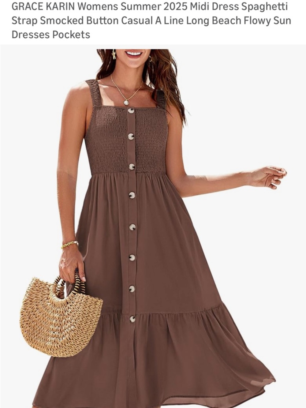 Grace Karin Brown Smocked Button-Front Midi Dress